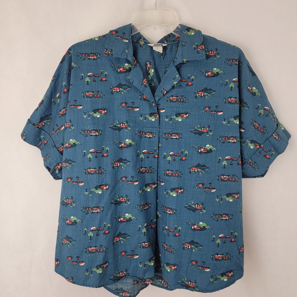 DULUTH Womens Shirt PLUS Sz 1X Printmaker Lightweight Popover BLUE Campers RV